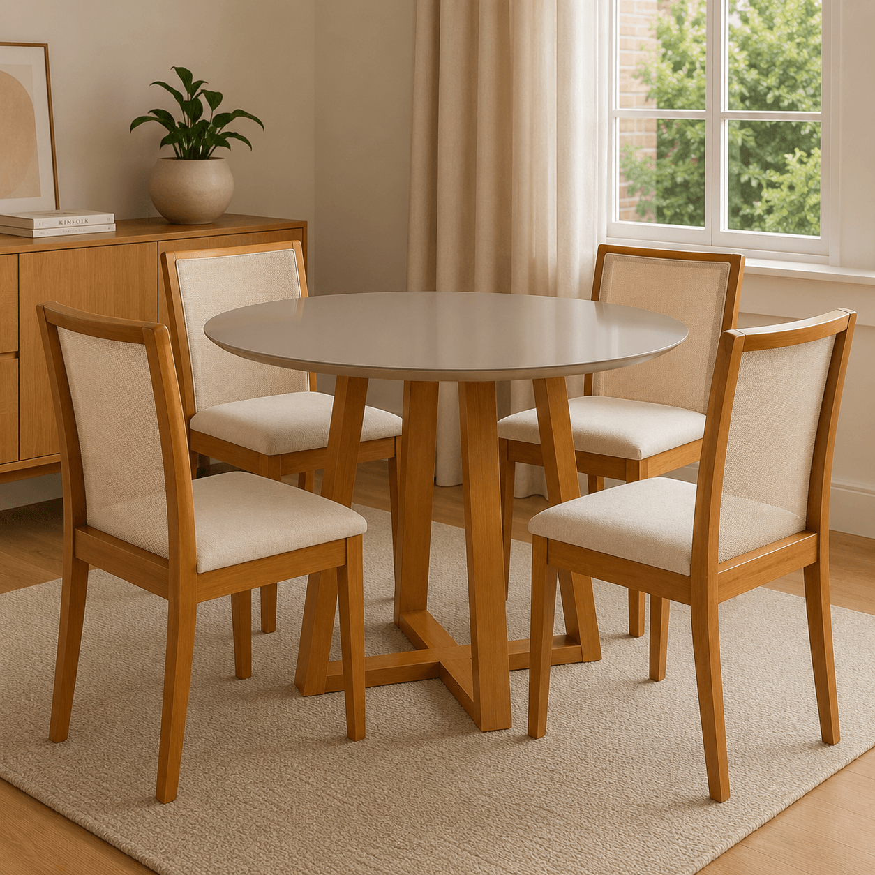 Juego de comedor Mesa Elma Redonda con Tapa de Vidrio con 4 Sillas Lara