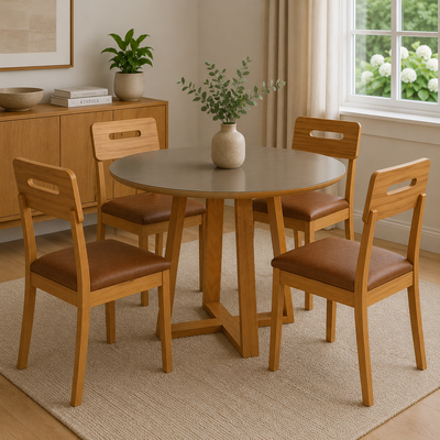 Juego de comedor Mesa Elma Redonda con Tapa de Vidrio con 4 Sillas Lila