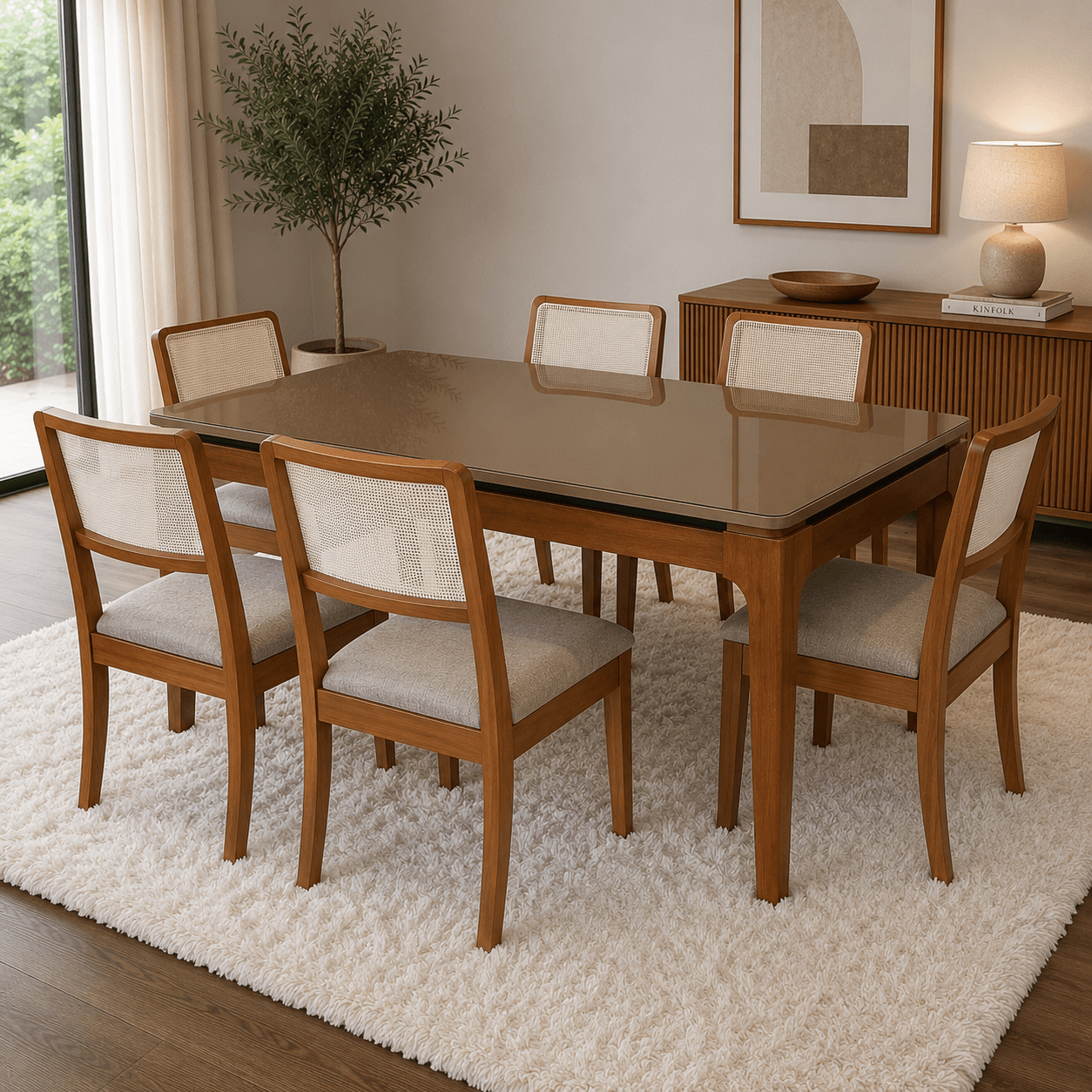 Juego de Comedor Mira con Vidrio Sobrepuesto Freijo/Bronce con 6 Sillas Lola