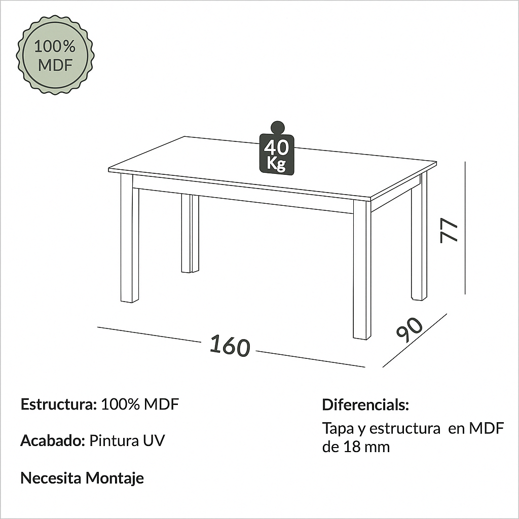 Mesa de Comedor Lisboa 160cm - 100% MDF