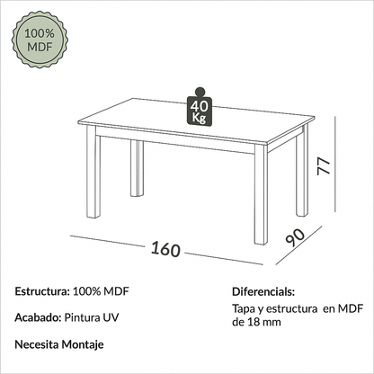 Mesa de Comedor Lisboa 160cm - 100% MDF