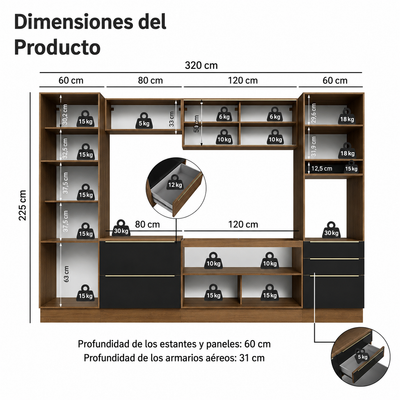 Cocina Completa Modulada Lux 320cm Rustic/Gris - Balton Hogar