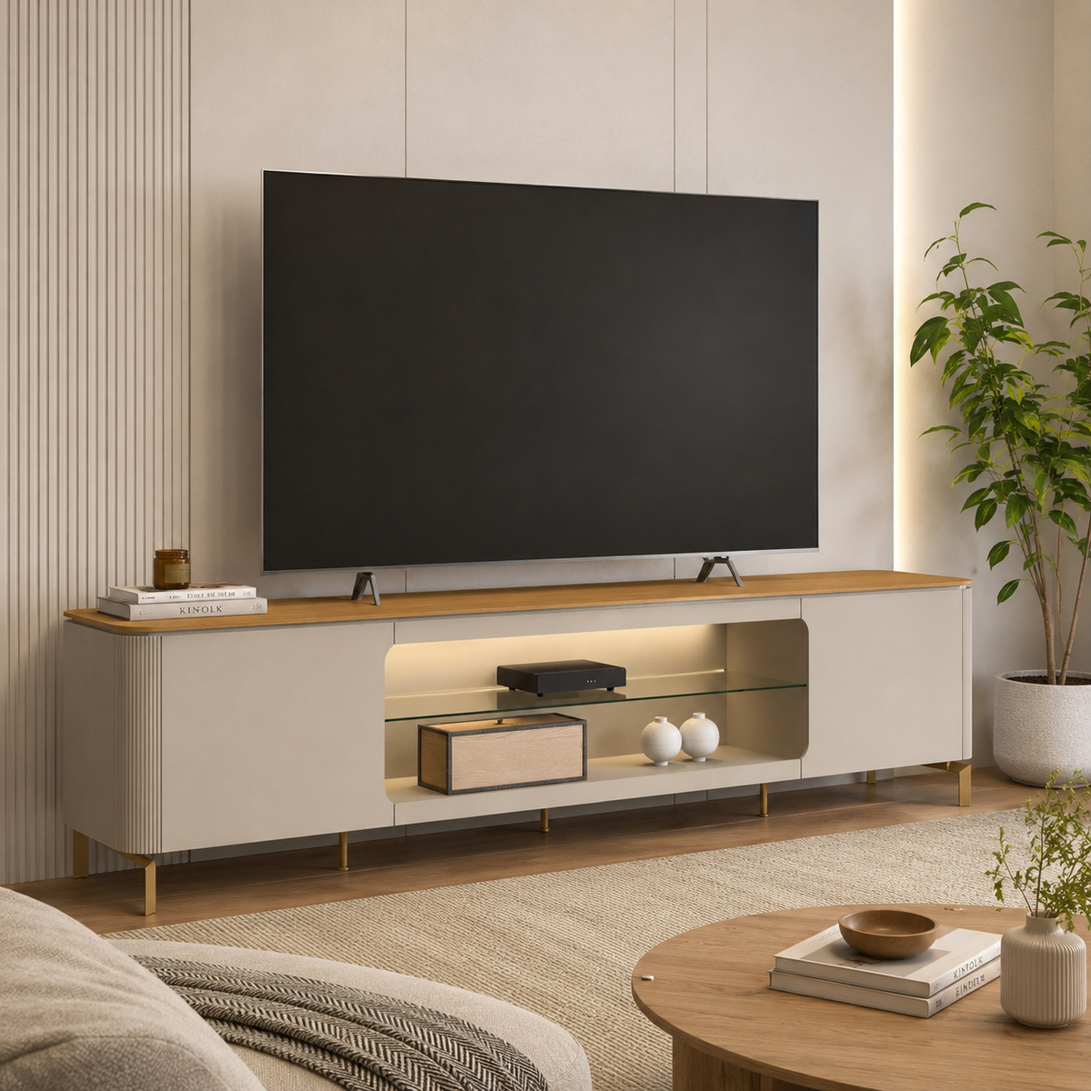 Rack para tv Santorini 240cm curvo con Led - Patas en metal