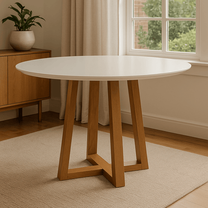 Mesa Elma Redonda 120cm - Madera Maciza y Vidrio Sobrepuesto