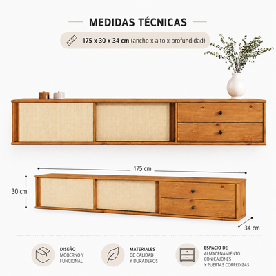 Rack Aereo Simona 175 cm Madera maciza - con trenza de ratán y 2 puertas corredizas