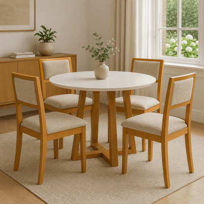 Juego de comedor Mesa Elma Redonda con Tapa de Vidrio Blanco y 4 Sillas Alice