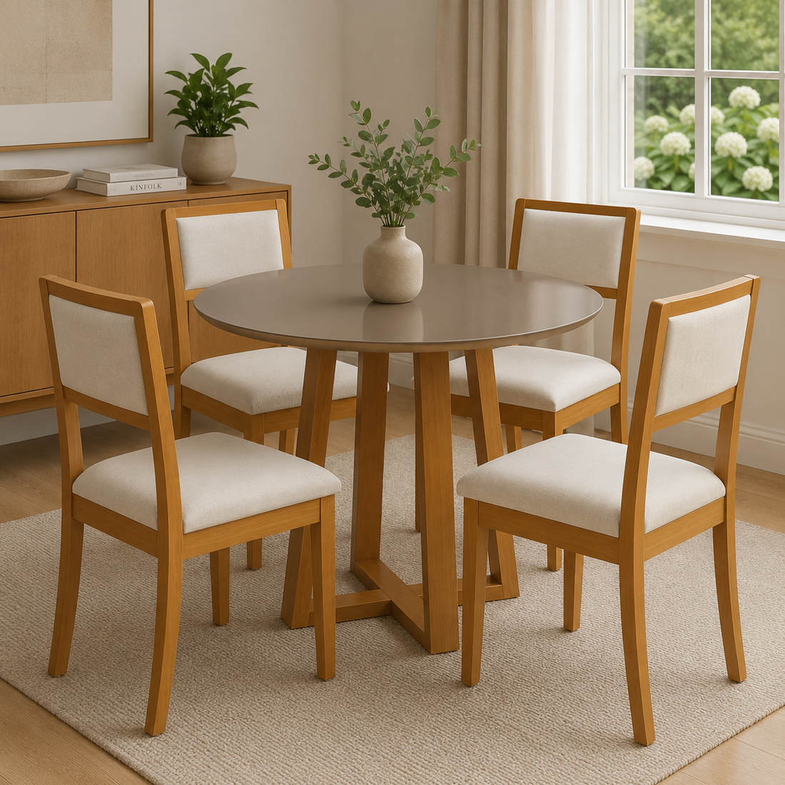 Juego de comedor Mesa Elma Redonda con Tapa de Bronce/Freijo con 4 Sillas Alice