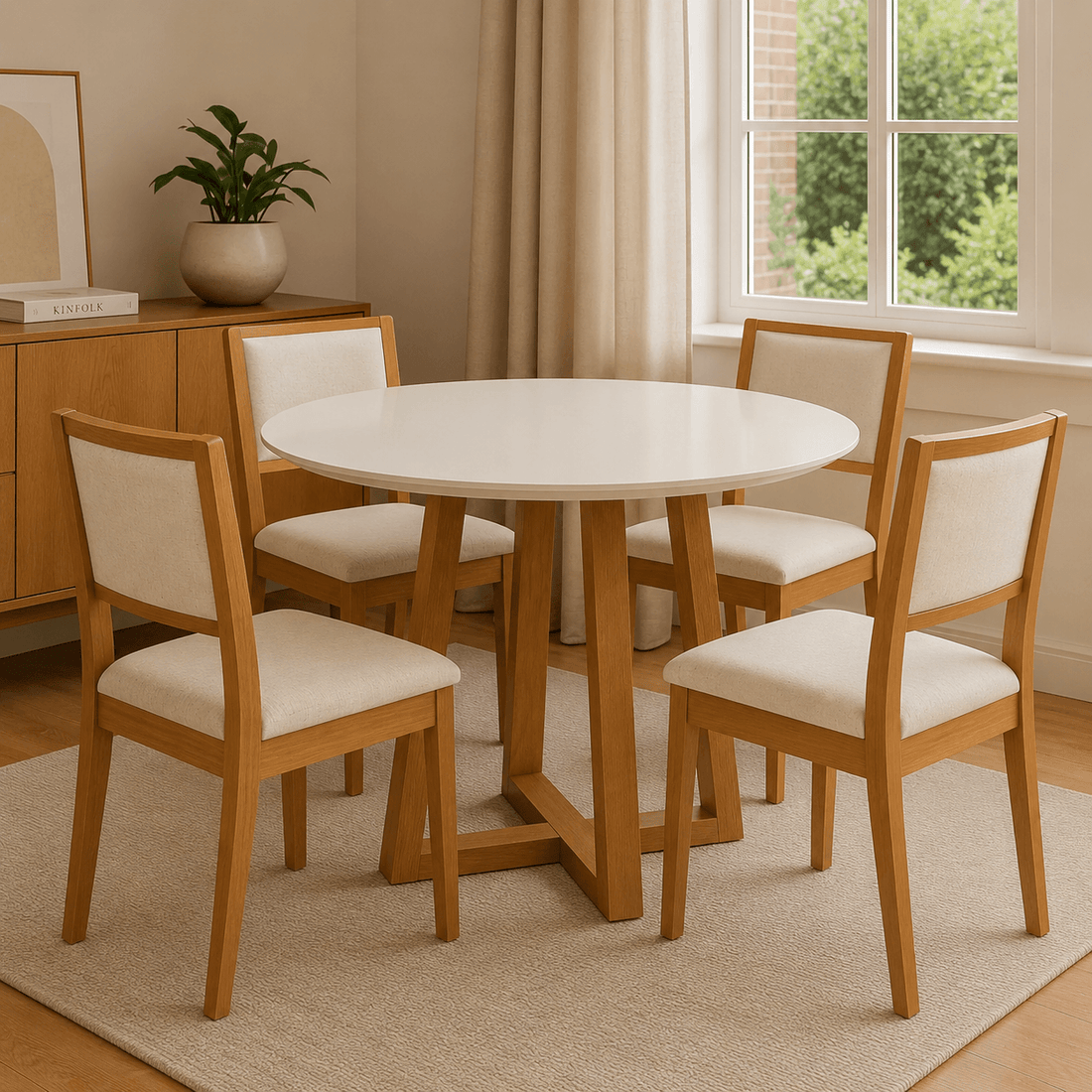 Juego de comedor Mesa Elma Redonda con Tapa de Vidrio Blanco y 4 Sillas Alice