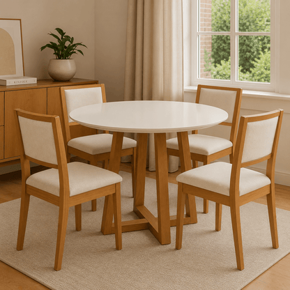 Juego de comedor Mesa Elma Redonda con Tapa de Vidrio Blanco y 4 Sillas Alice