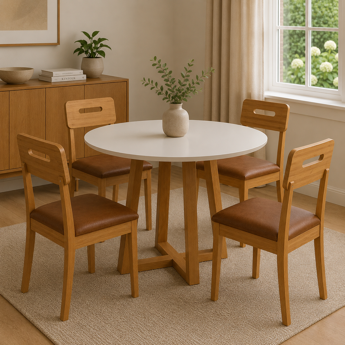 Juego de comedor Mesa Elma Redonda con Tapa de Vidrio con 4 Sillas Lila