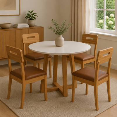 Juego de comedor Mesa Elma Redonda con Tapa de Vidrio con 4 Sillas Lila