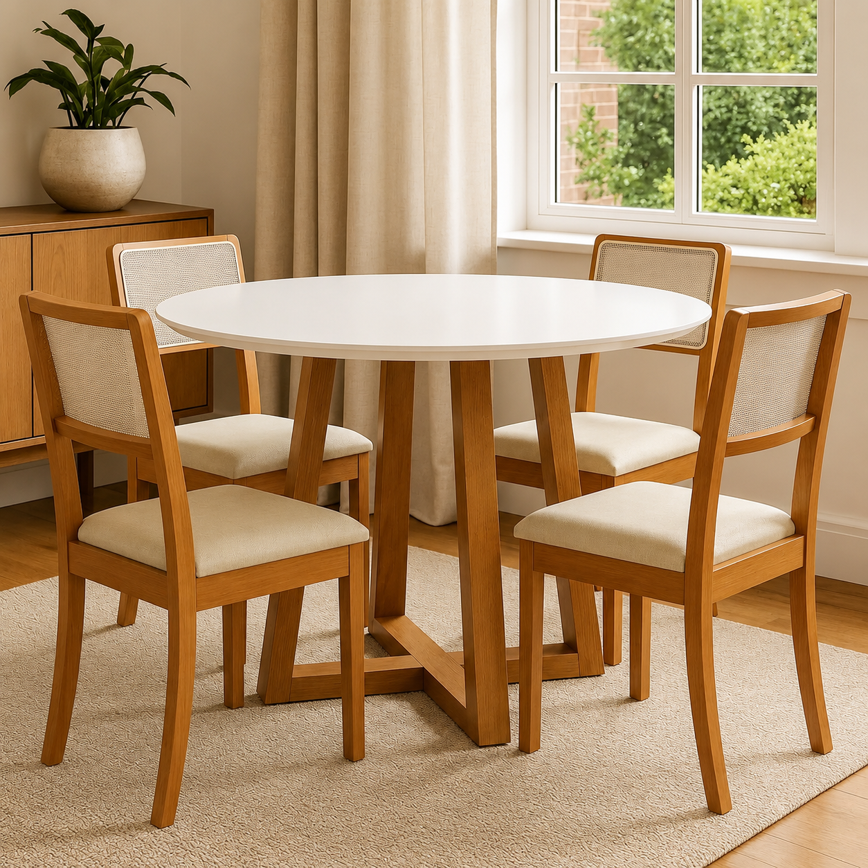 Juego de comedor Mesa Elma Redonda con Tapa de Vidrio Blanco con 4 Sillas Lola