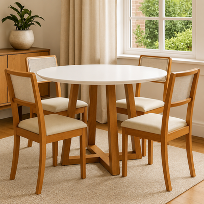 Juego de comedor Mesa Elma Redonda con Tapa de Vidrio Blanco con 4 Sillas Lola