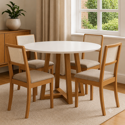 Juego de comedor Mesa Elma Redonda con Tapa de Vidrio Blanco con 4 Sillas Lola