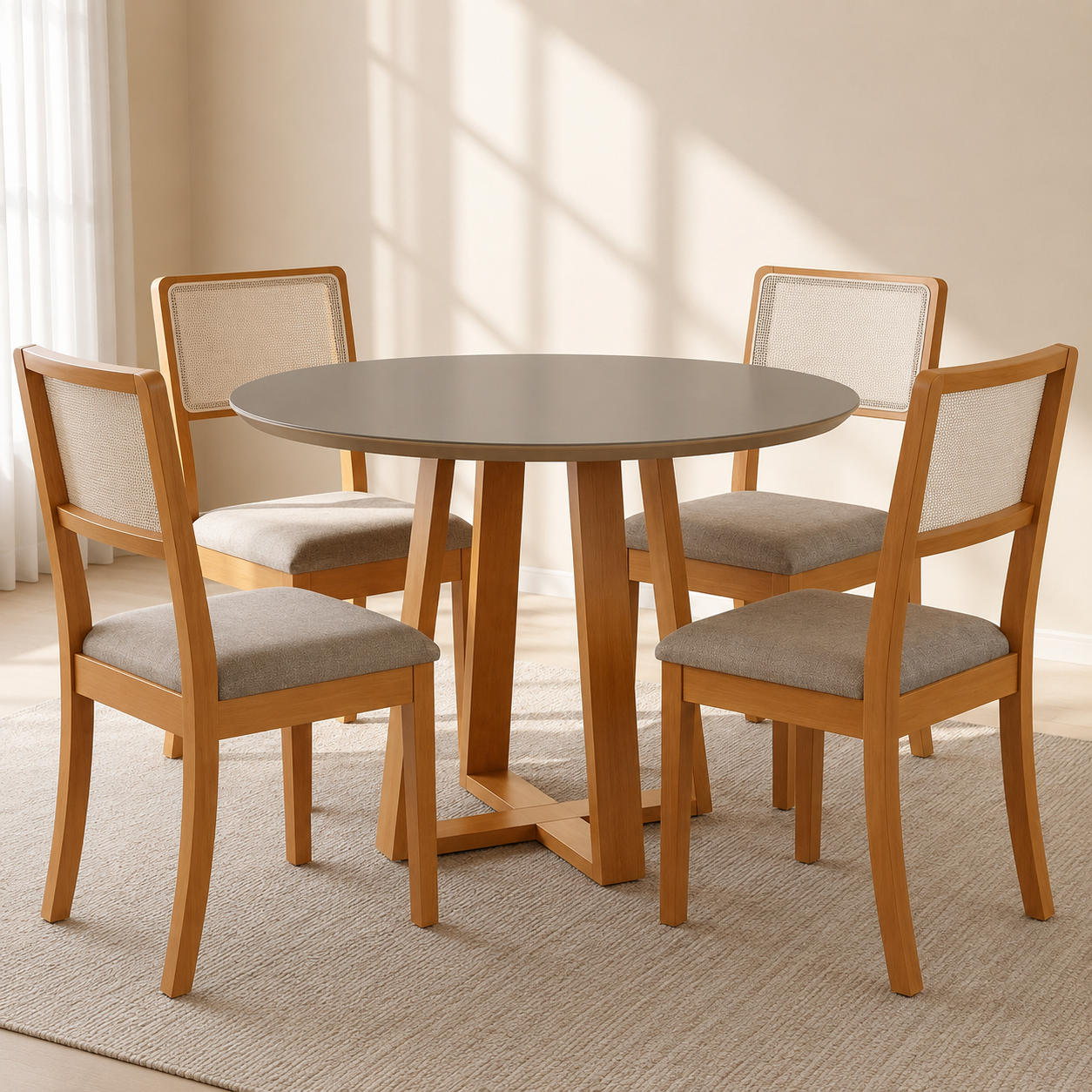 Juego de comedor Mesa Elma Redonda con Tapa de Vidrio Freijo/Bronce con 4 Sillas Lola