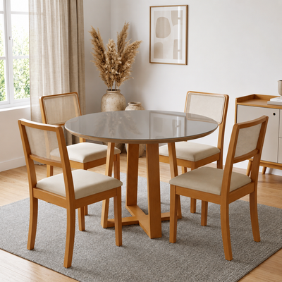 Juego de comedor Mesa Elma Redonda con Tapa de Vidrio Freijo/Bronce con 4 Sillas Lola