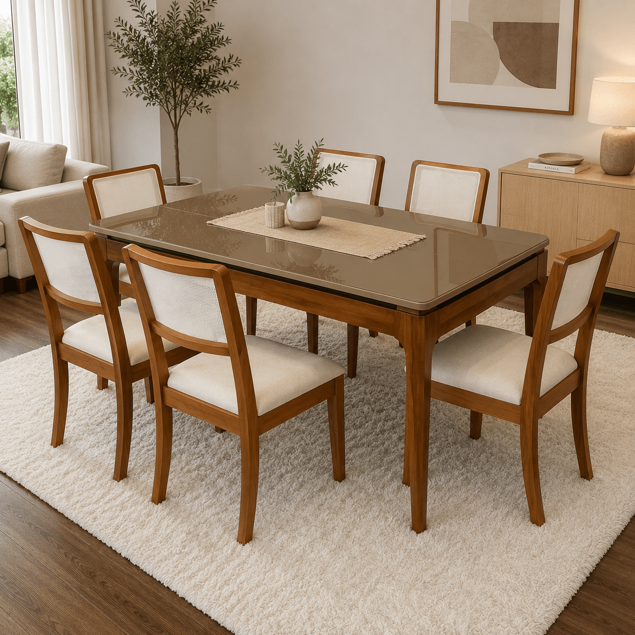 Juego de Comedor Mira con Vidrio Sobrepuesto Freijo/Bronce con 6 Sillas Lola