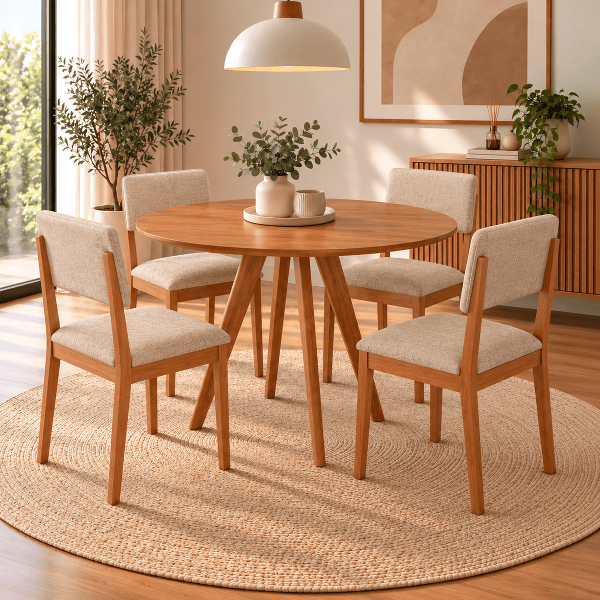 Juego de Comedor Amara Redonda 1.09cm con 4 Sillas Selene - Madera Maciza