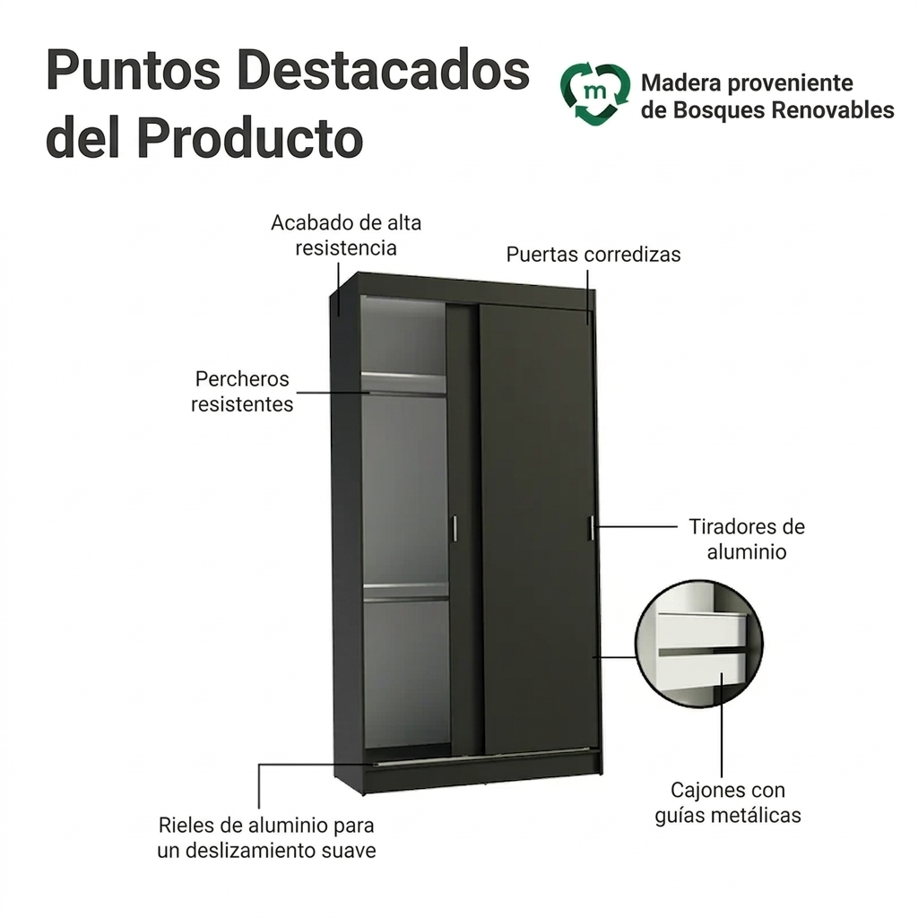 Ropero Placar Tokyo de 2 puertas corredizas con 2 Espejos