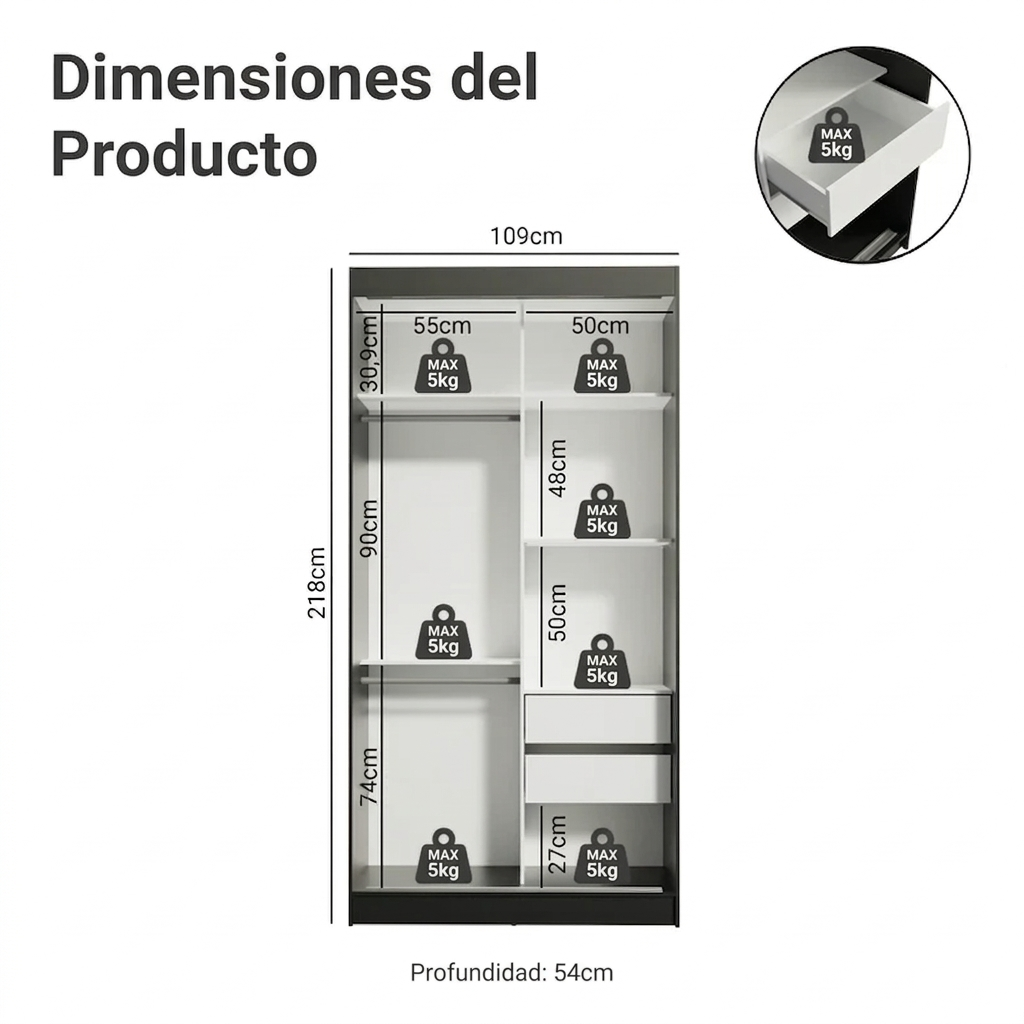 Ropero Placar Tokyo de 2 puertas corredizas con espejo