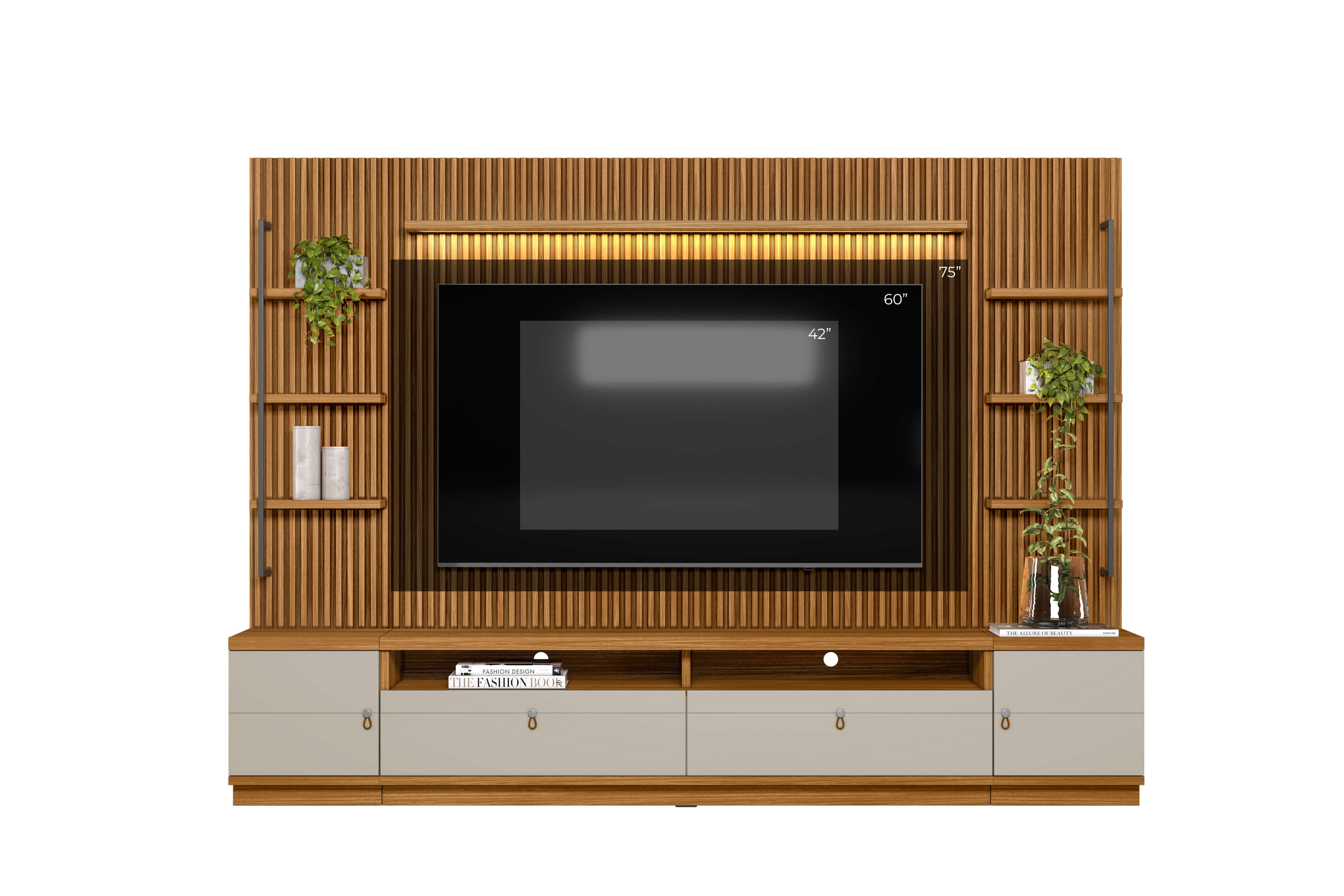 Rack con Panel Ouro Listones de madera y Led 268cm MDF/MDP