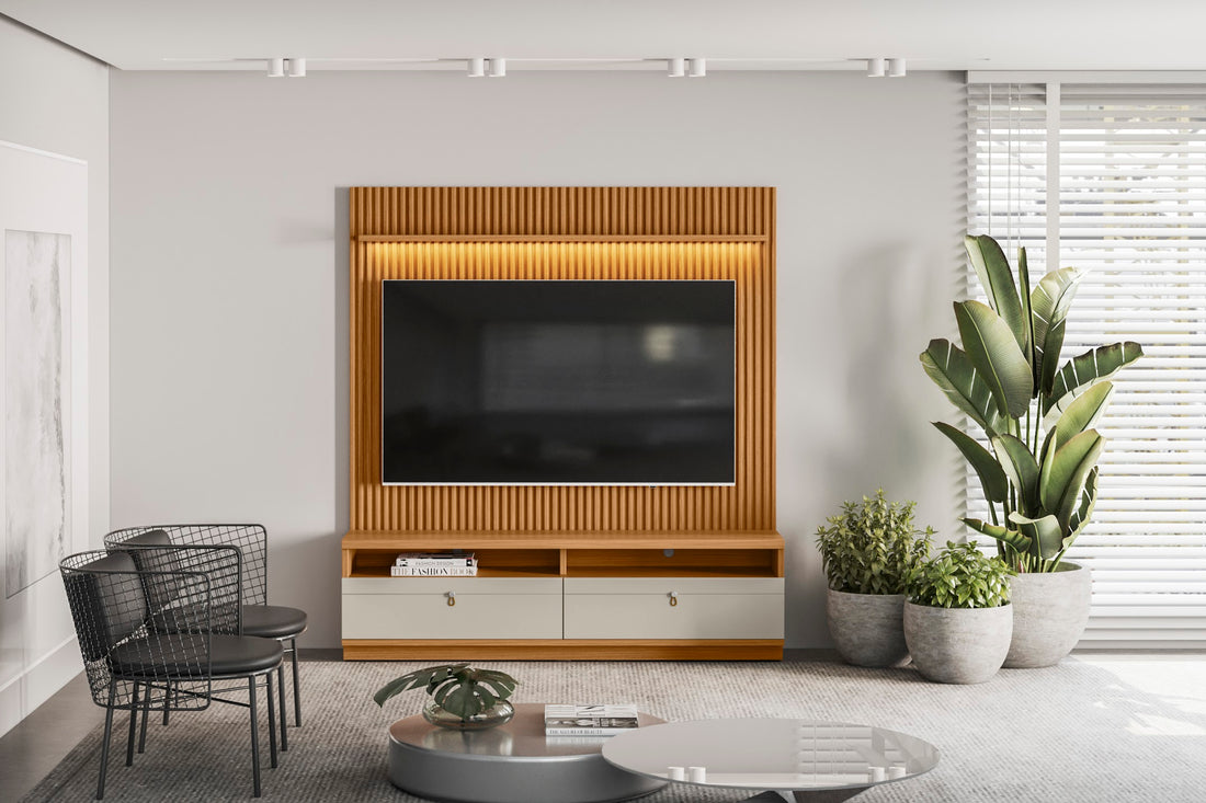 Rack con Panel Ouro Preto Listones de madera y Led 180cm MDF/MDP