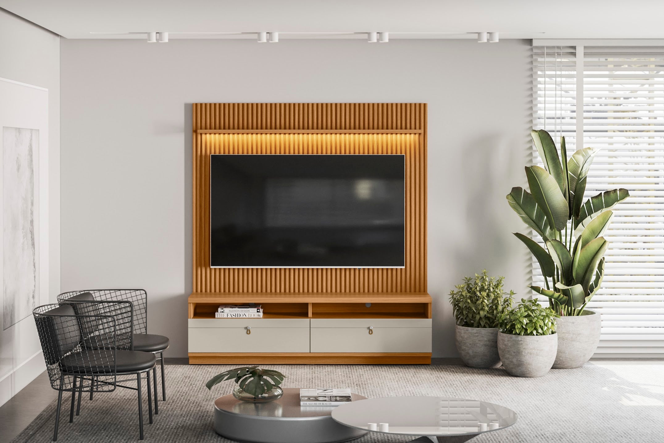 Rack con Panel Ouro Preto Listones de madera y Led 180cm MDF/MDP
