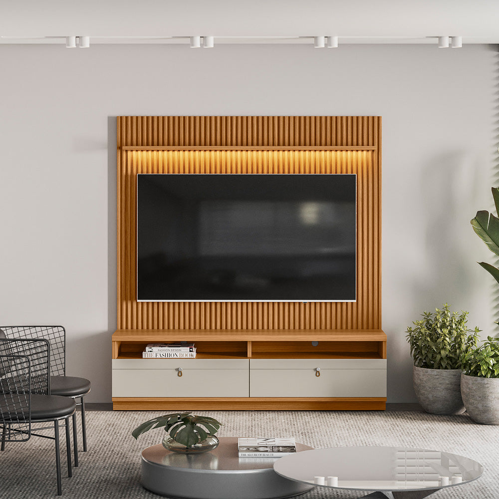 Rack con Panel Ouro Preto Listones de madera y Led 180cm MDF/MDP