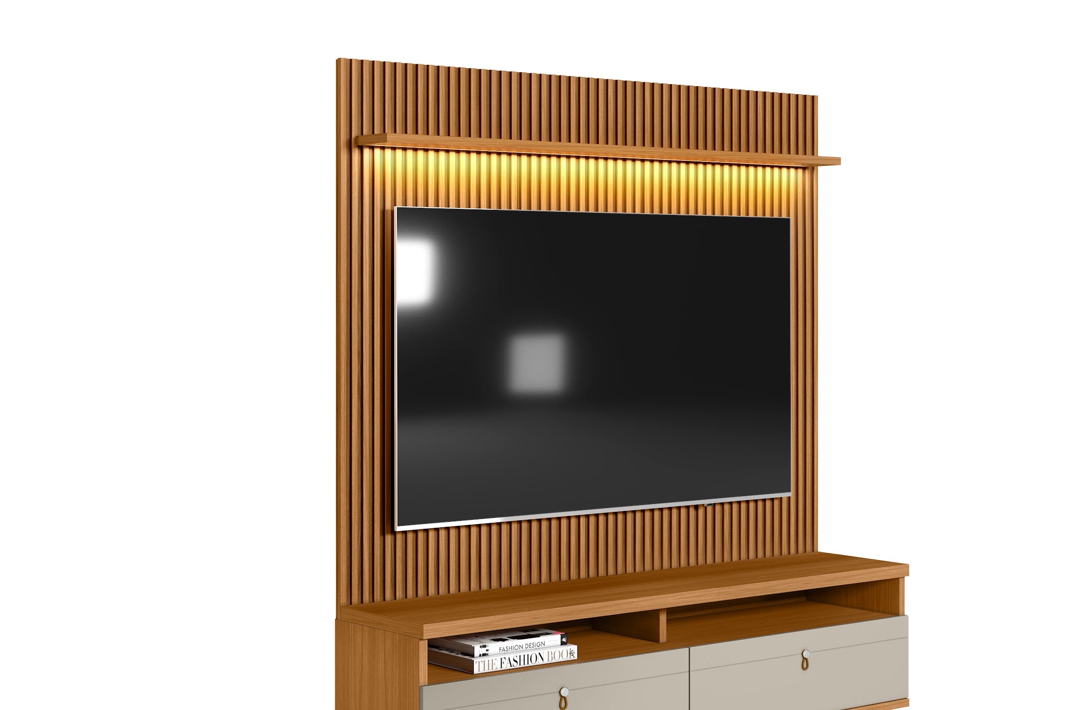 Rack con Panel Ouro Listones de madera y Led 180cm MDF/MDP