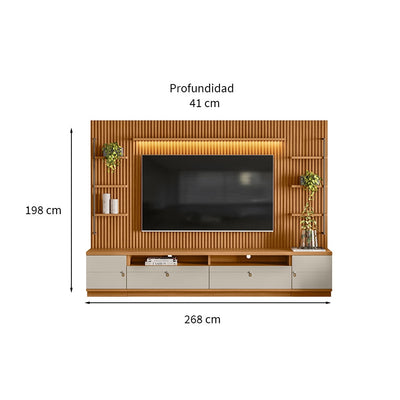 Rack con Panel Ouro Listones de madera y Led 268cm MDF/MDP
