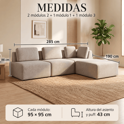 Sofa Modular Florencia Esquinero - 2 Asientos + 1 Puff + 1 Esquinero