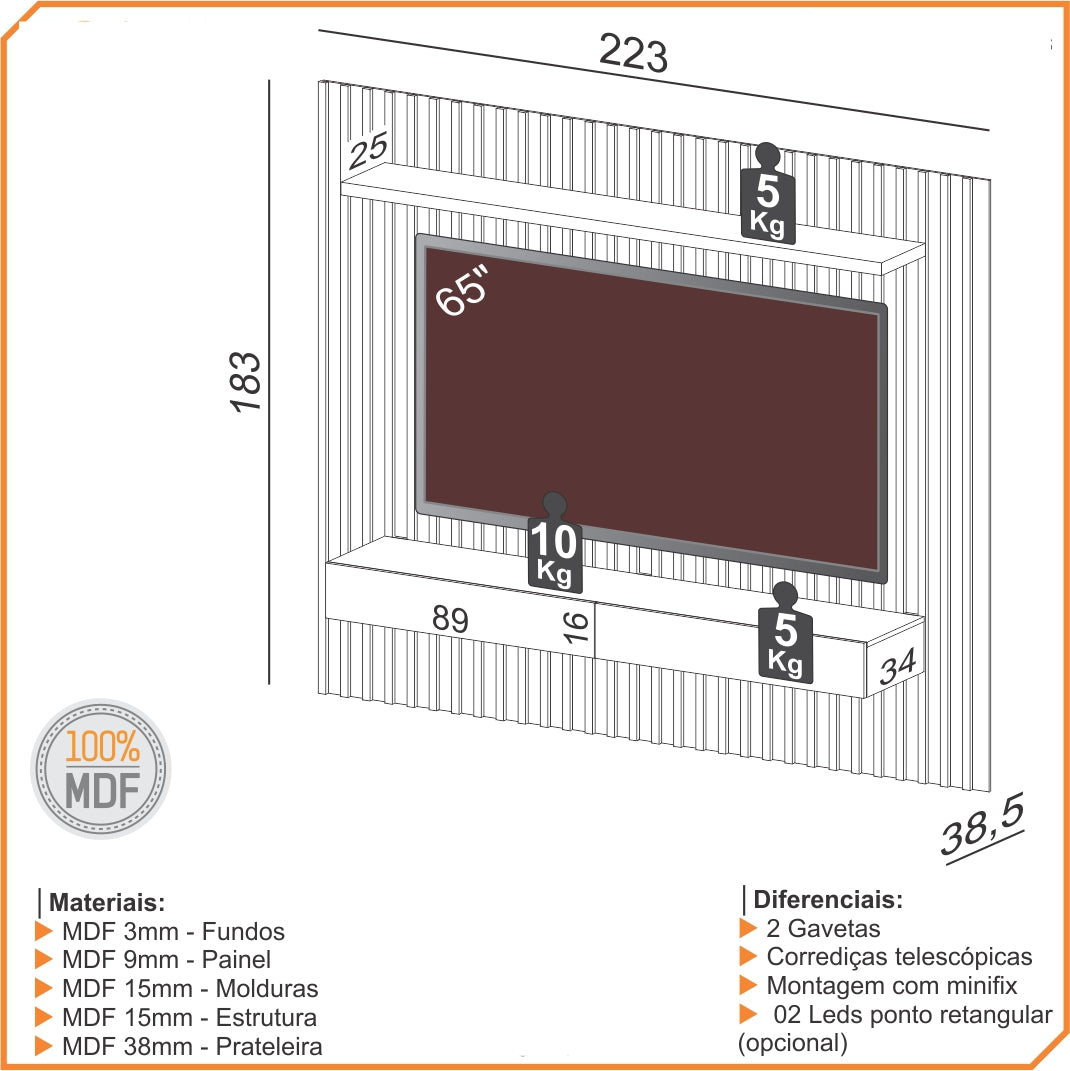 Rack Panel TV con Listones de Madera y LED 100% MDF 220CM