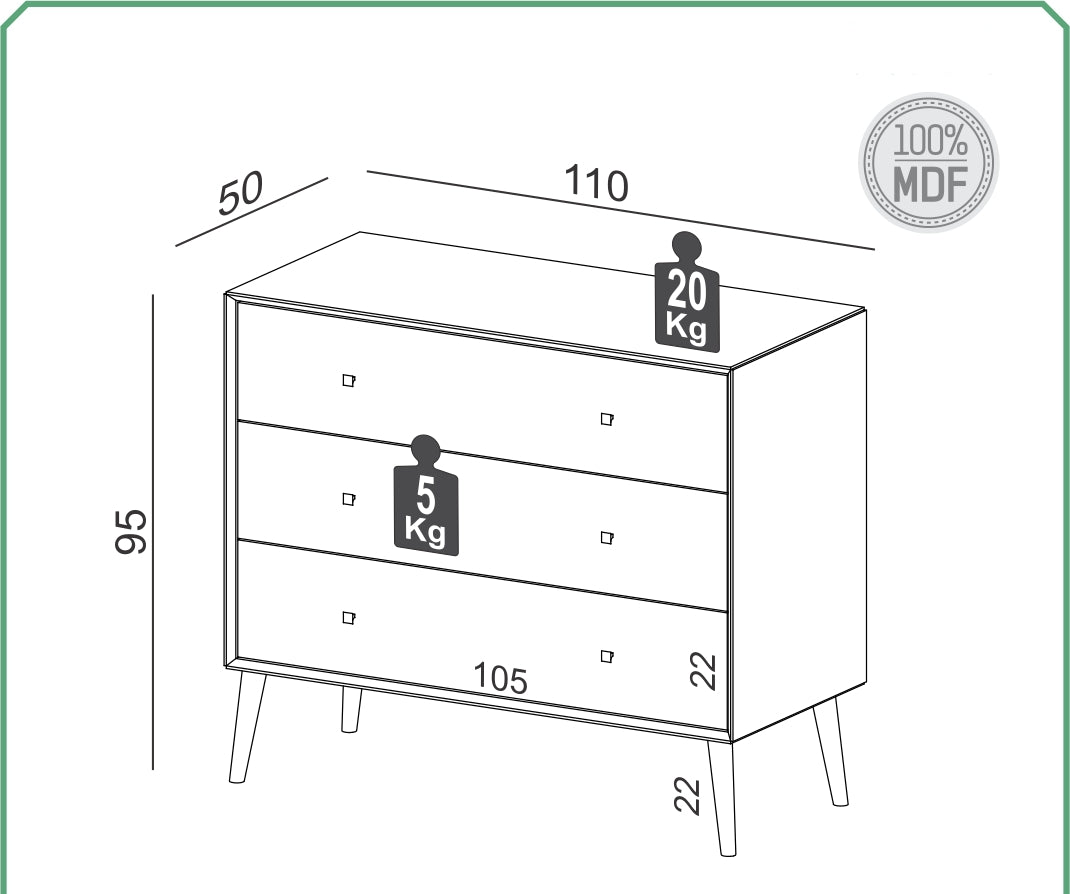 Comoda Retro Manila 110CM 3 Cajones 100% MDF - Balton Hogar