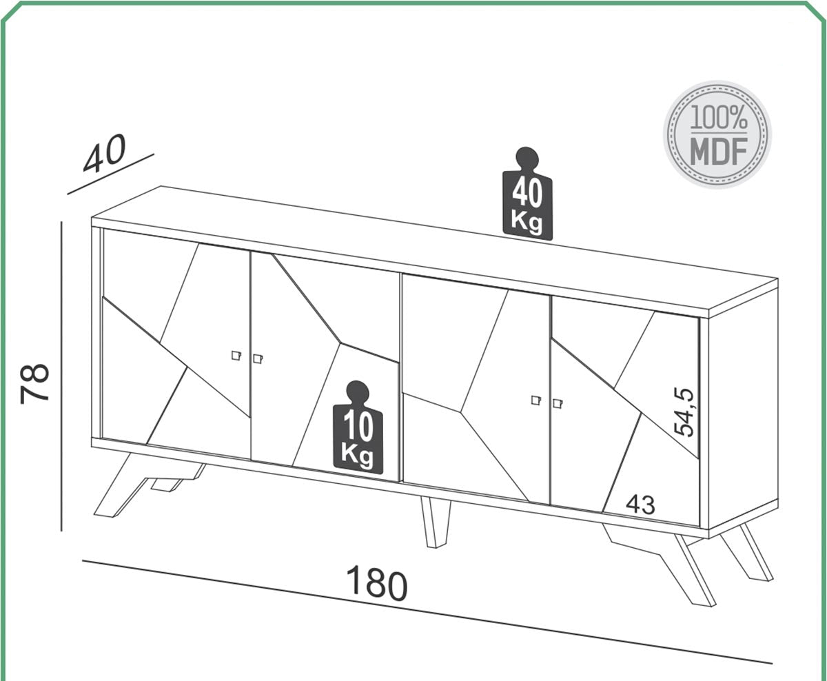Aparador Recibidor Mosaico Buffet 180cm con 4 Puertas 100% MDF Linea Industrial