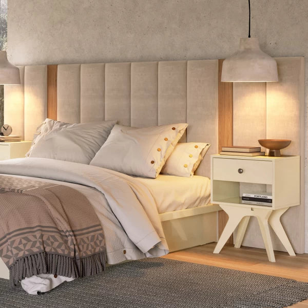 Respaldar de cama Doble Tapizado 100% Mdf Freijó/Lino Gris Claro
