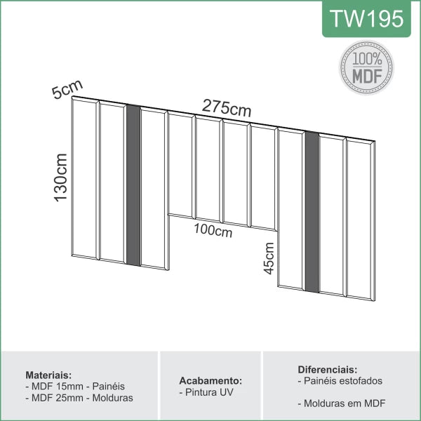 Respaldar de cama Doble Tapizado 100% Mdf Freijó/Lino Gris Claro