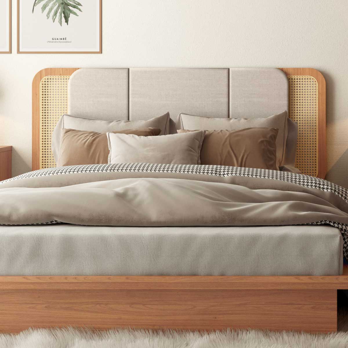 Respaldo Cabecera Cama Valeria con Ratan Sintetico Tapizada 170cm Curvo