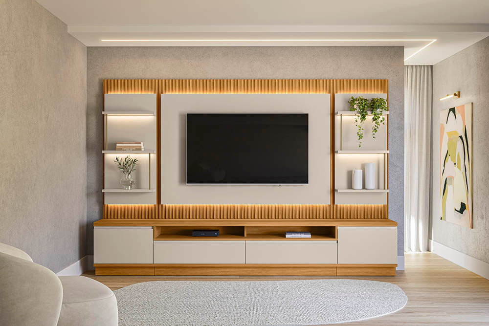 Rack con Panel Modular Sao Paulo Completo con Led MDF/MDP