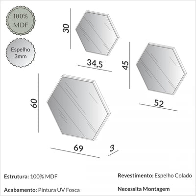 Kit de espejos decorativos hexagonales 60cm, 45cm y 30cm Bordes Blancos