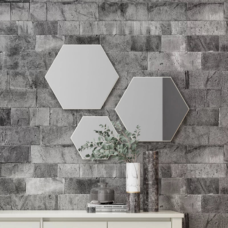Kit de espejos decorativos hexagonales 60cm, 45cm y 30cm Bordes Blancos