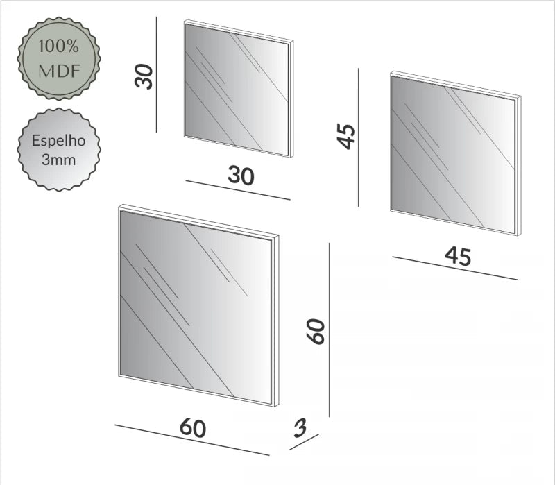 Kit de espejos Cuadrados 60cm, 45cm y 30cm Bordes Blancos