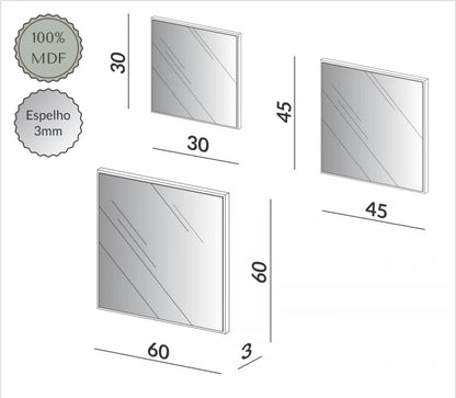 Kit de espejos Cuadrados 60cm, 45cm y 30cm Bordes Blancos