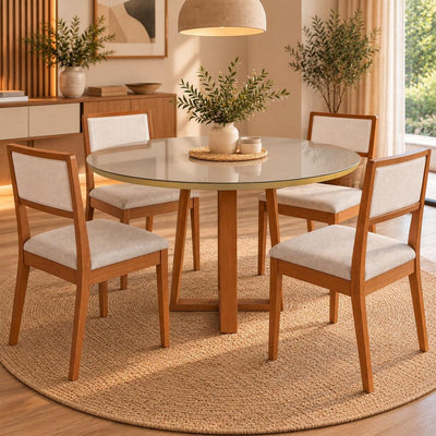 Juego de comedor Mesa Elma Redonda con Tapa de Vidrio con 4 Sillas Isa