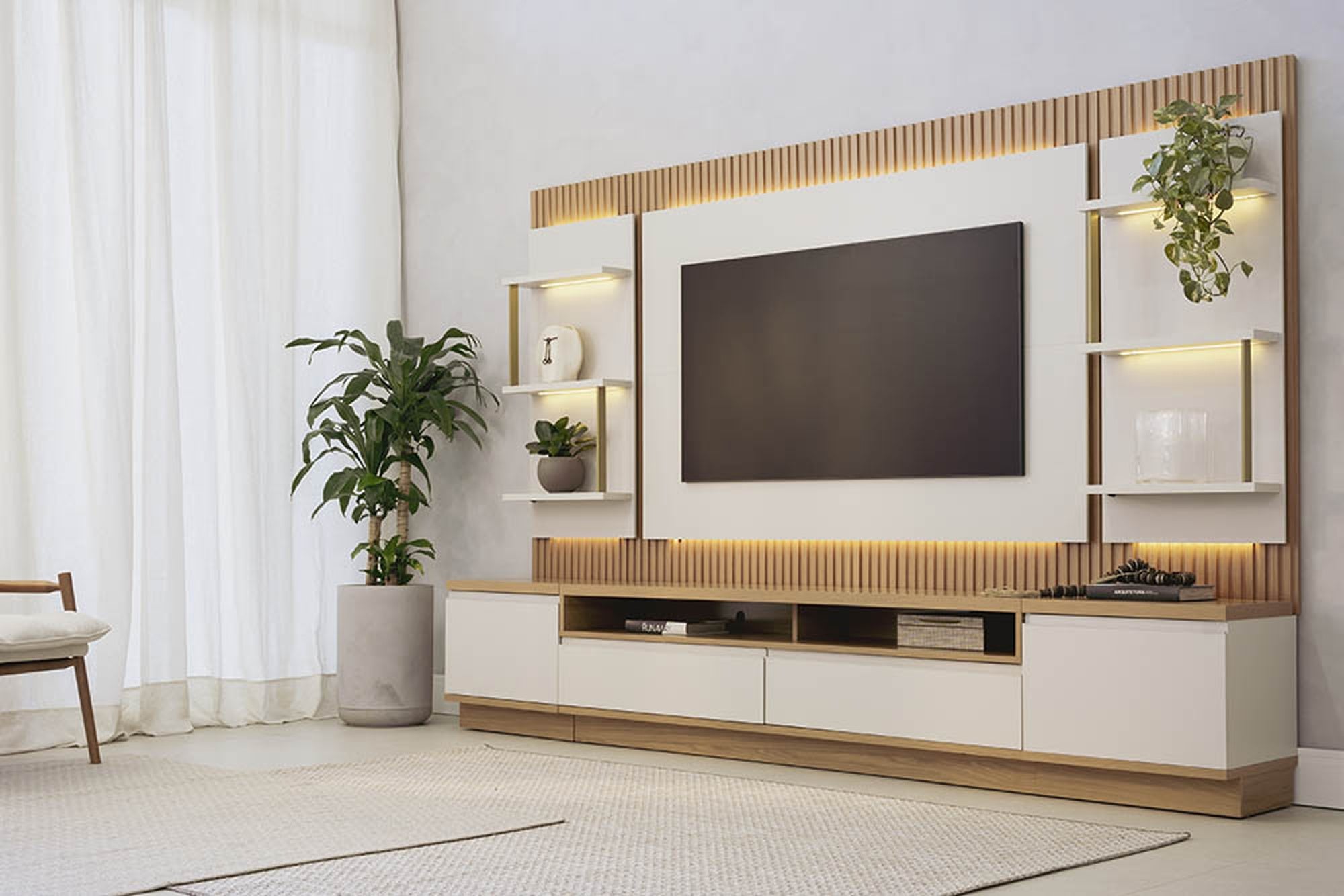 Rack con Panel Modular Sao Paulo Completo con Led MDF/MDP