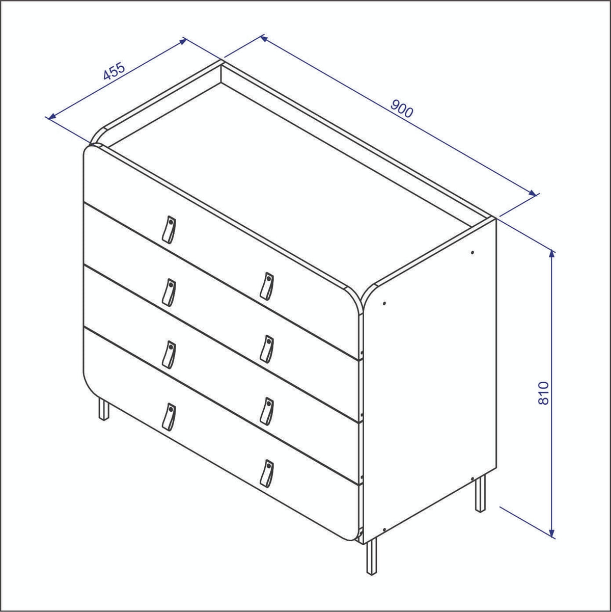 Comoda Curve 4 Cajones - 90CM Patas Metal