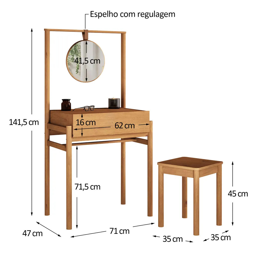 Tocador con espejo y banco Lyra - Madera Maciza