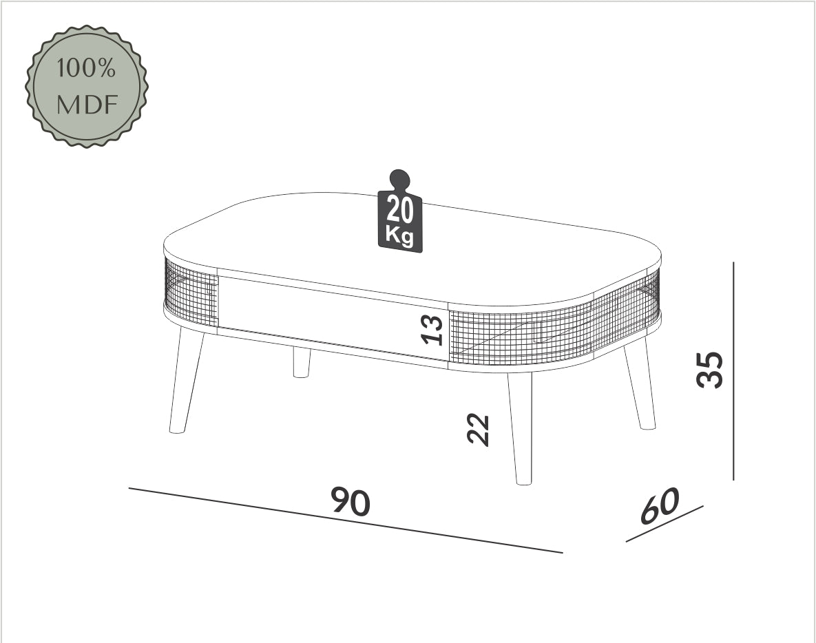 Mesa de Centro Ratona 90cm con tela Ratan 100% MDF