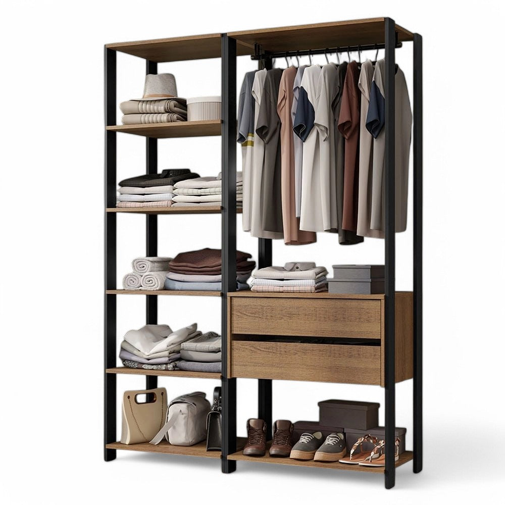 Ropero Placard Abierto Valencia Mueble de guardado 2 Cajones 129cm Rústico/Negro