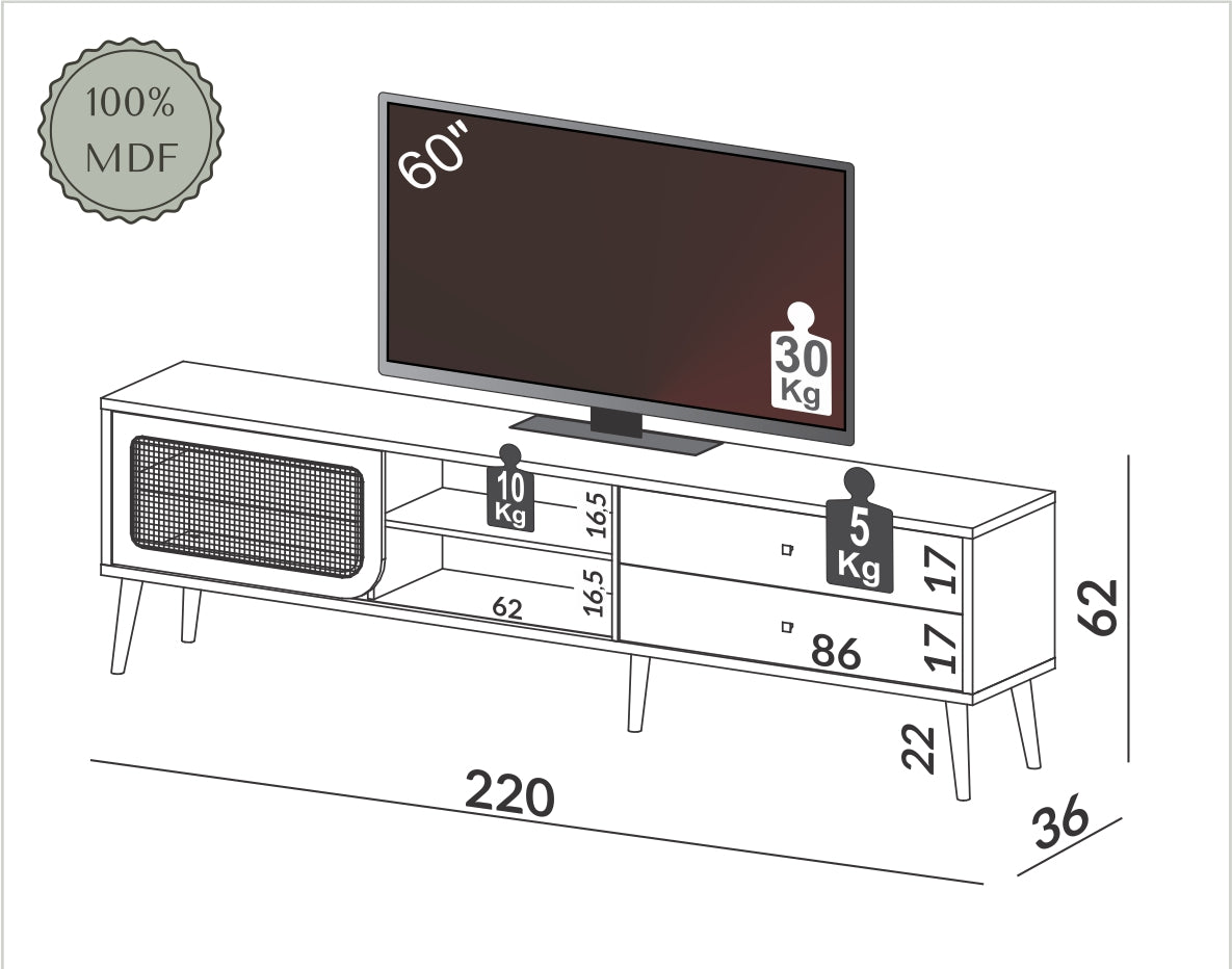 Rack Tv Madrid Ratan Sintetico 220CM 100% MDF C/ 2 Cajones