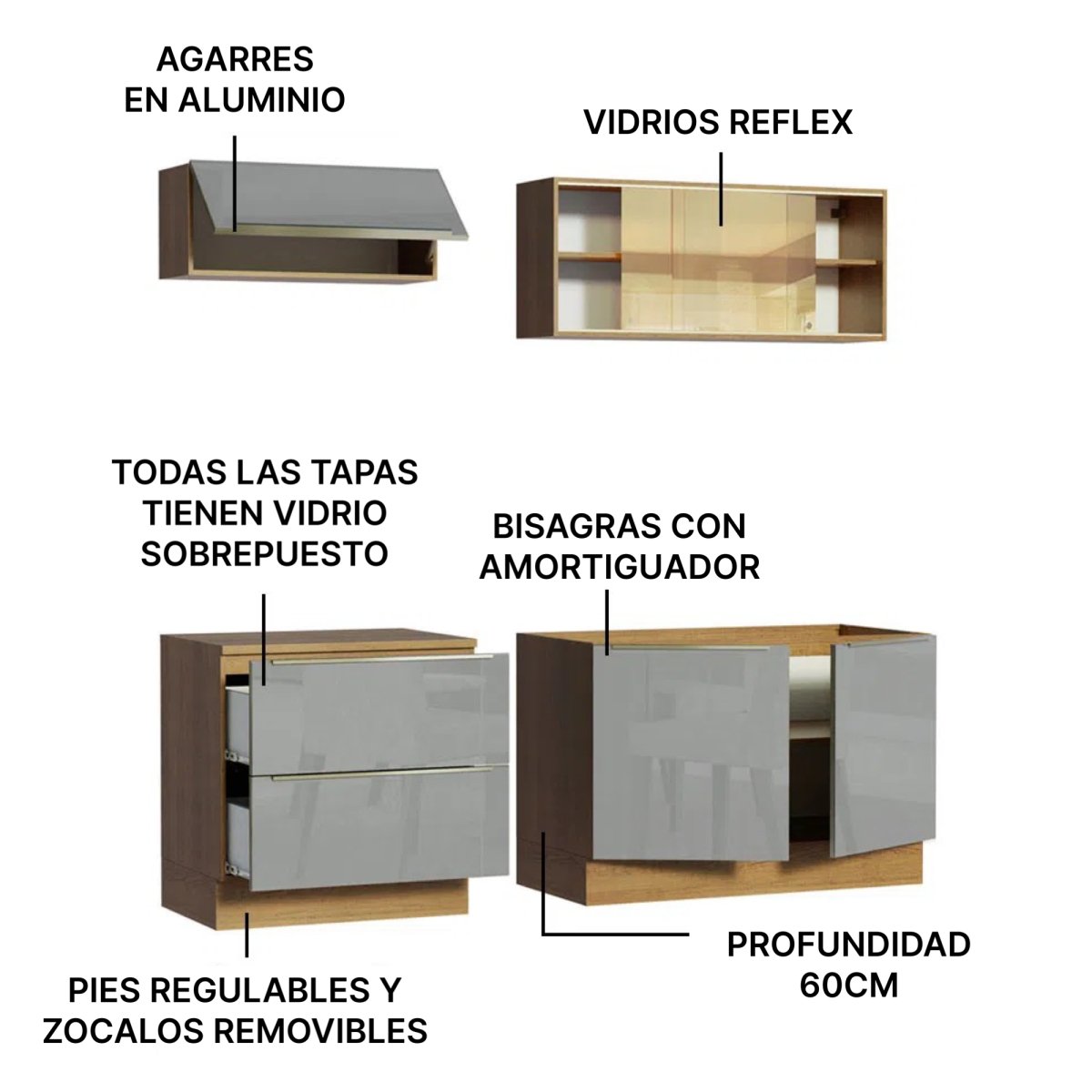 Cocina Completa Modulada Lux 200cm Rustic/Gris - Balton Hogar - GRLX2000019N